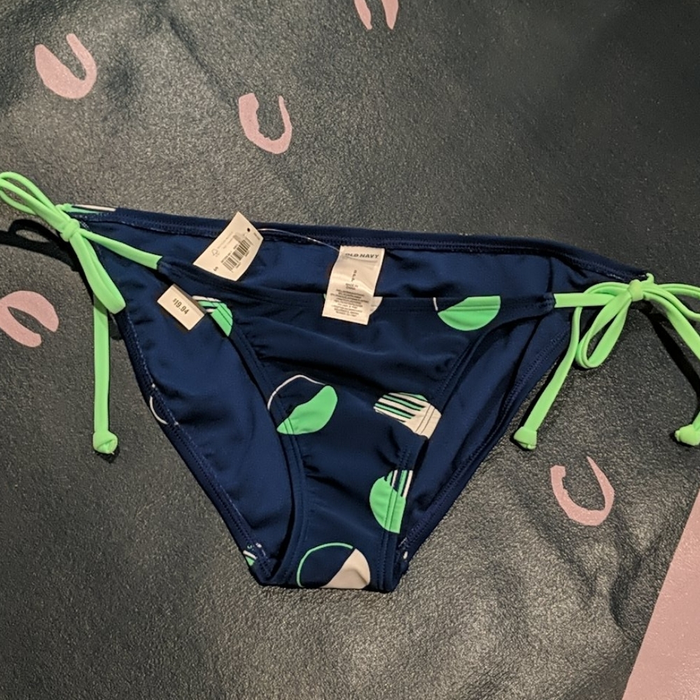 NTW navy string bikini w/lime green dots, side tie